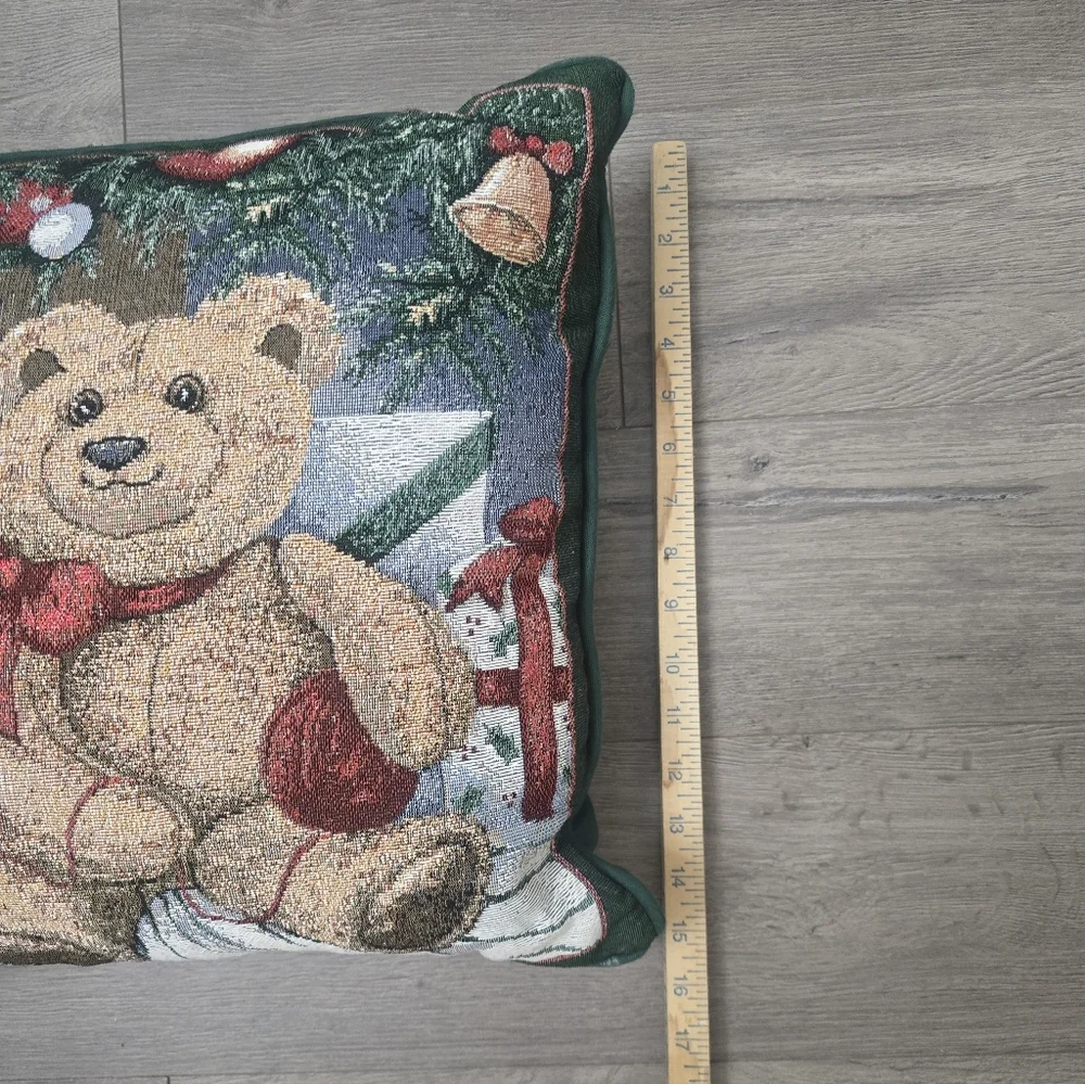 Tapestry Christmas Holiday Accent Pillow Teddy Bear & Kitty Cat Decor